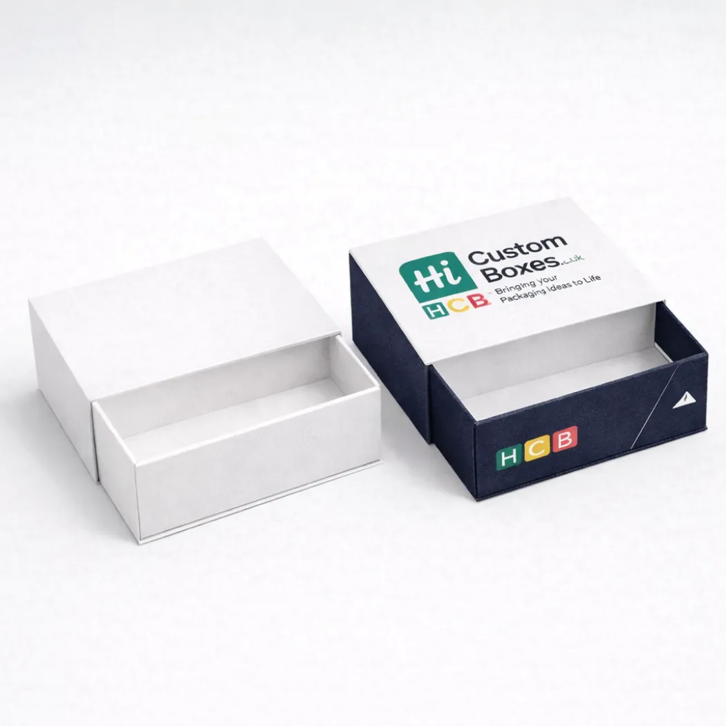 Two elegant sleeve-style drawer boxes- displaying a clean white version and a branded navy blue option- class=